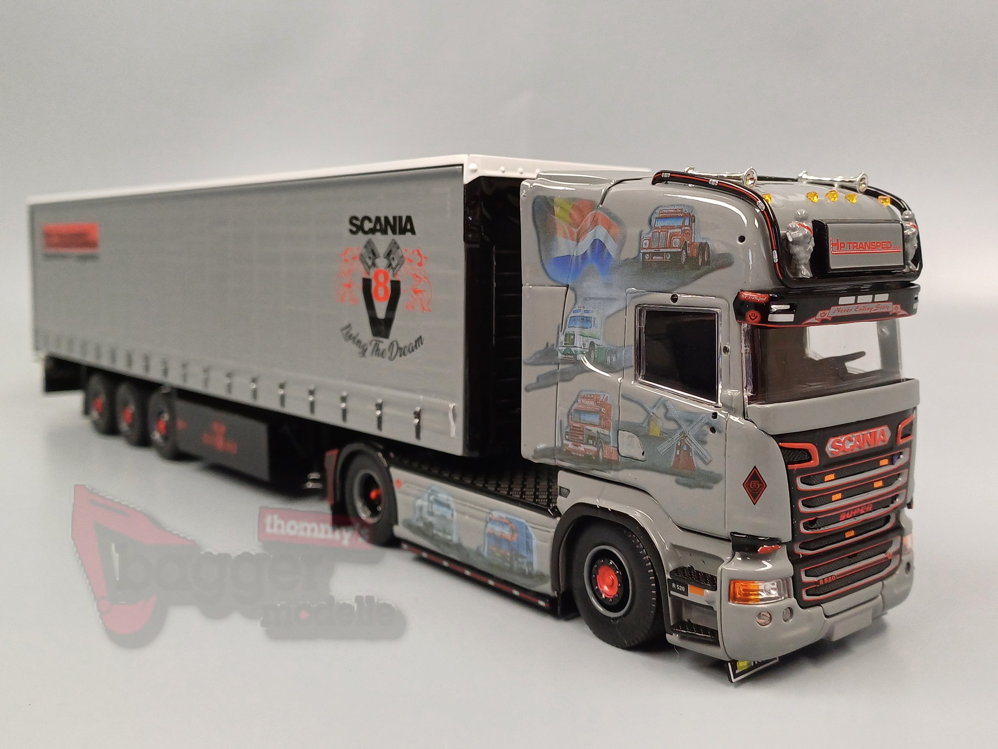 85556 - Tekno - Scania - R-serie Streamline  mit - Schiebeplanenauflieger "HP Transport