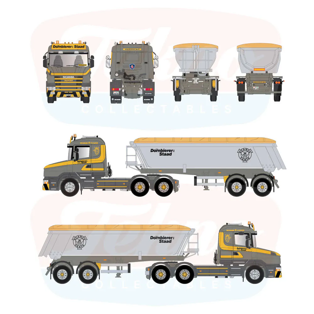 89063 - Tekno - Scania 4 Serie Hauber 3achs mit 2achs Kippauflieger - Dornbierer - CH