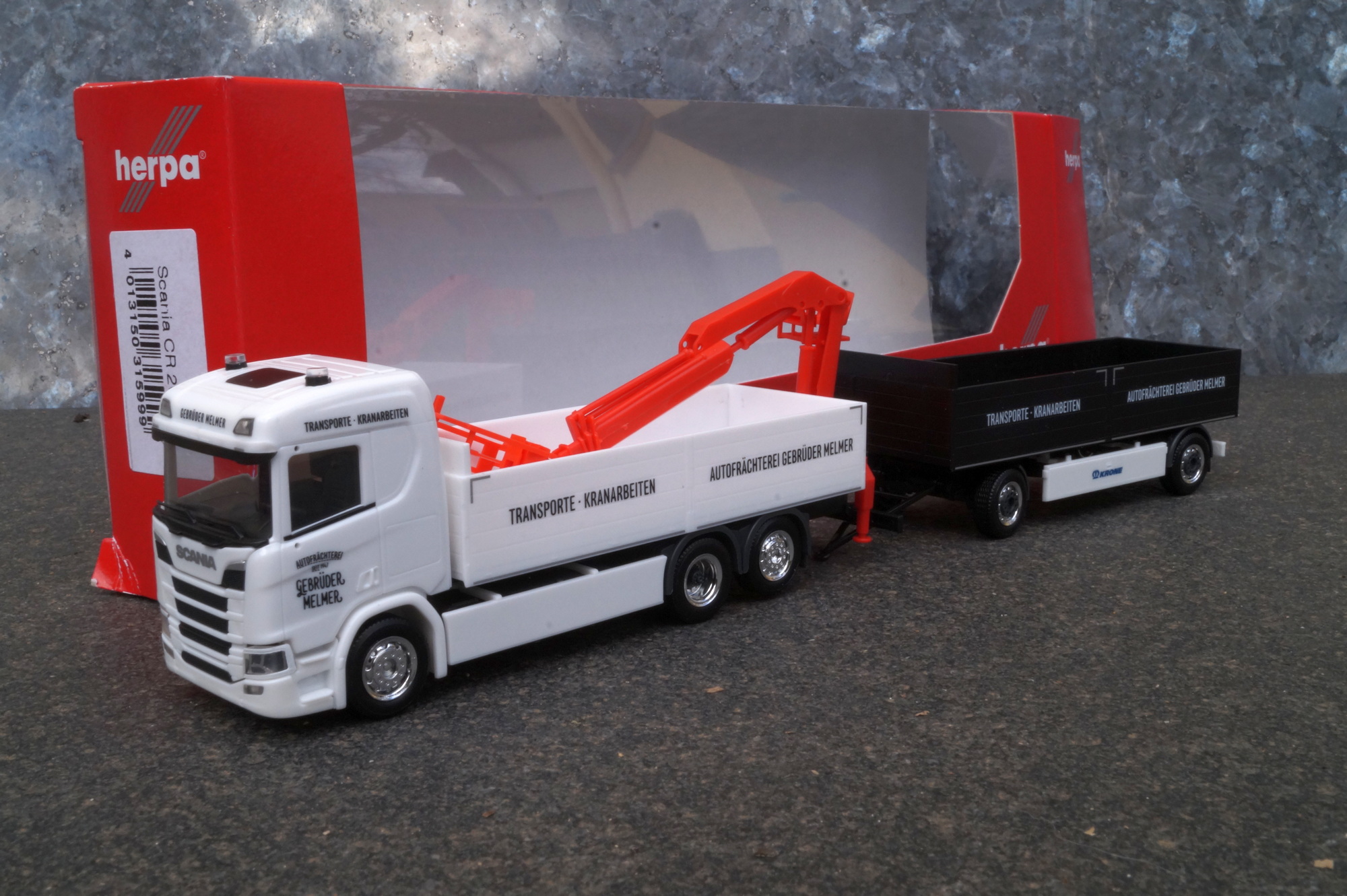 315999 - Herpa -Scania CR 20 ND Pritschen-Hängerzug mit Ladekran „Gebrüder Melmer“ (AT