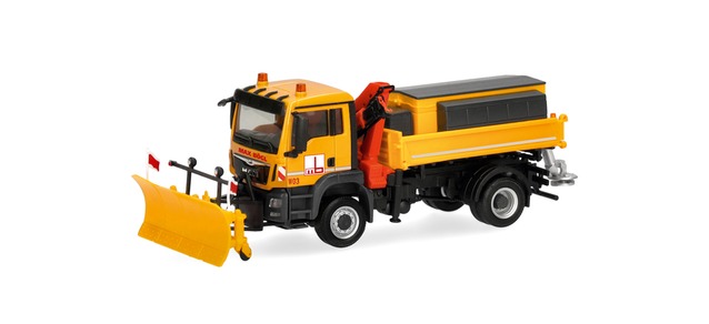 322041 - Herpa - MAN TGS M Euro6c Dreiseitenkipper 2achs mit Kran / Winterdienst "Max Bögl"