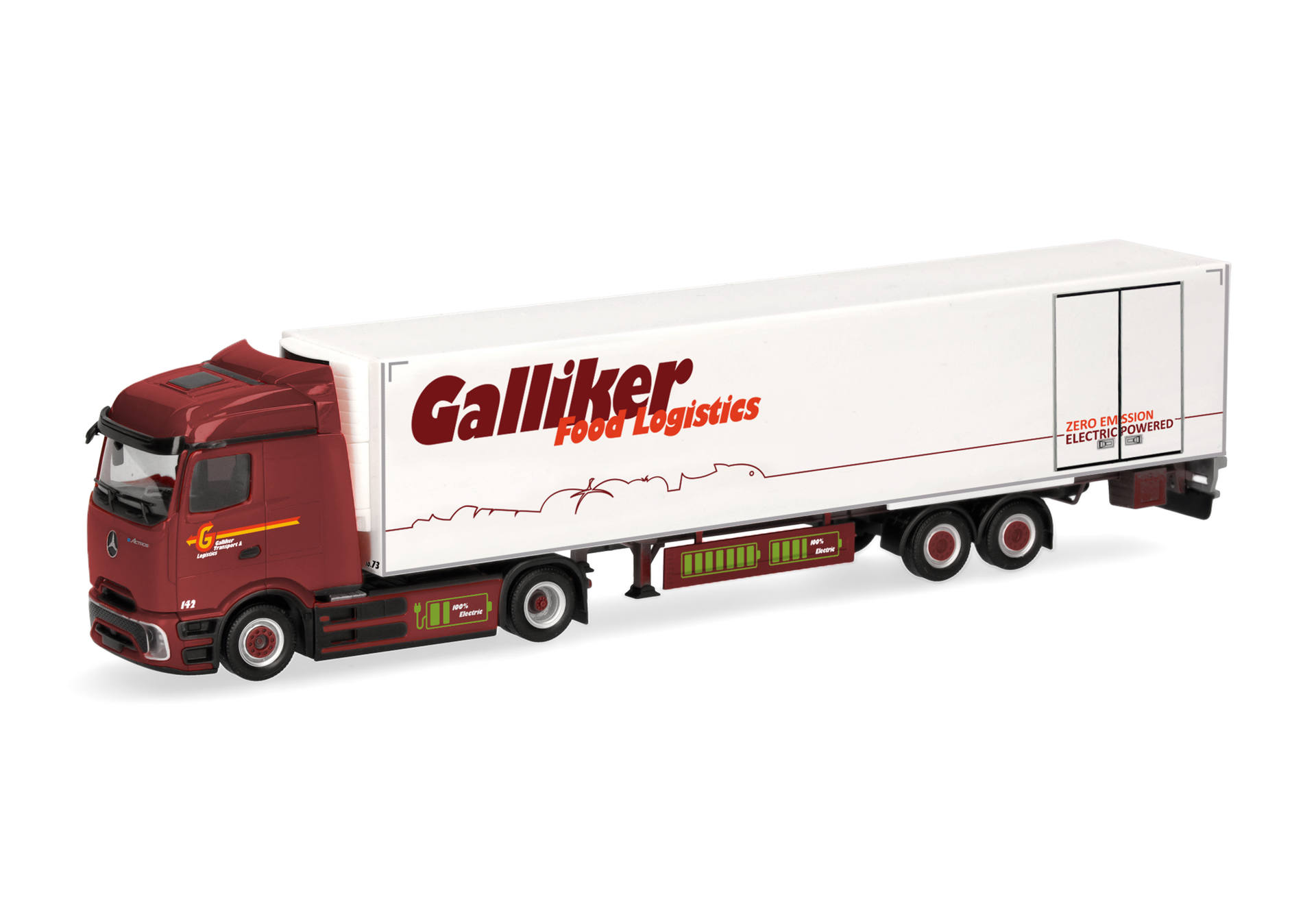 321952 -Herpa - Mercedes-Benz eActros 600 Bigspace Kühlkoffer-Sattelzug "Galliker", Schweiz