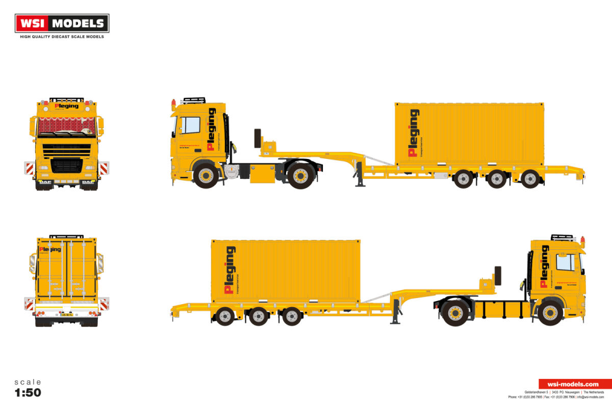01-5172 - WSI - DAF XF95 Space Cab 4x2 mit 3achs Tiefladerauflieger und 2FT Container - Pleging - NL