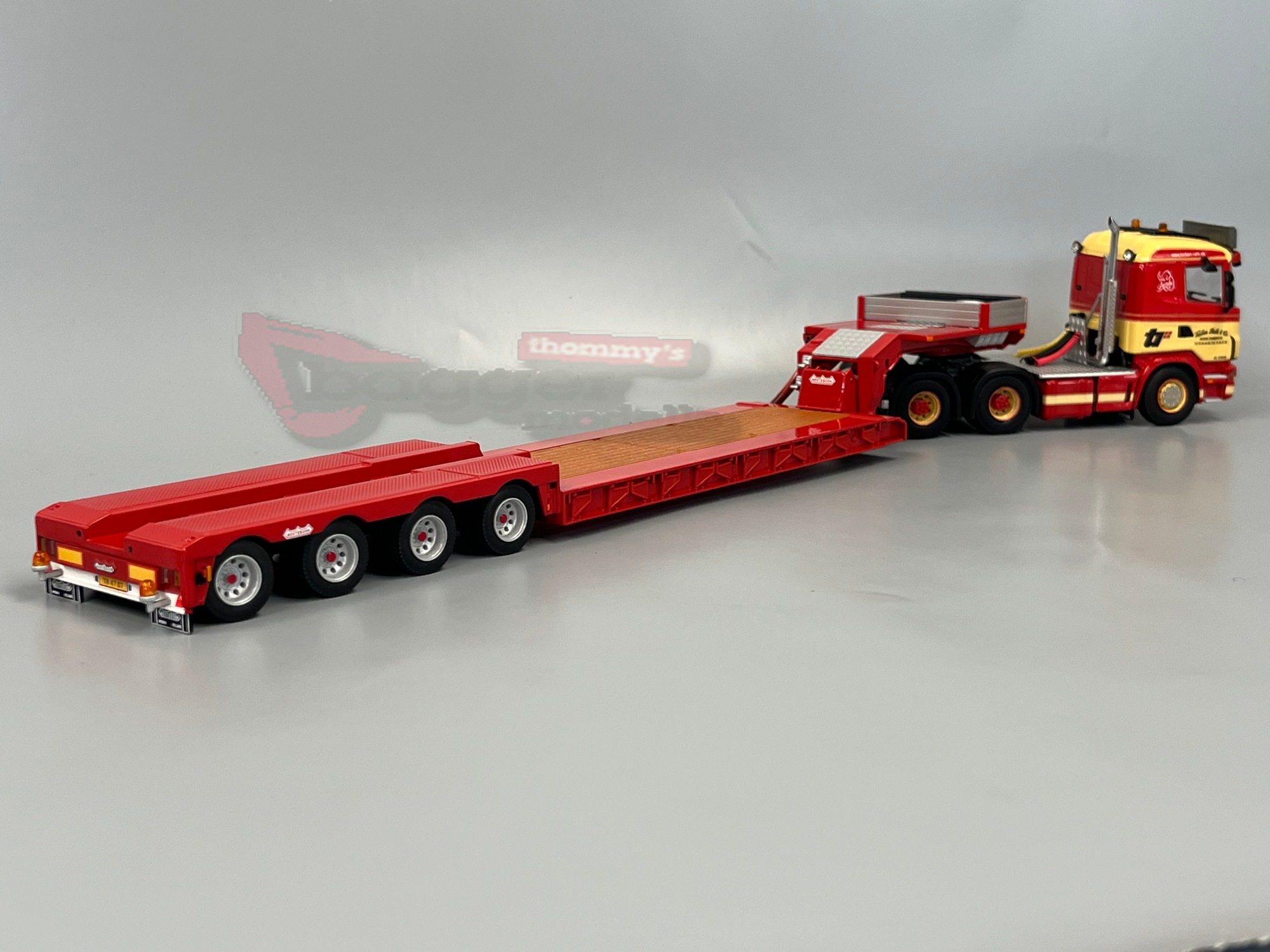 01-5032 - WSI - Scania 144C 6x4 mit 4achs Tieflader - Torben Rafn - DK