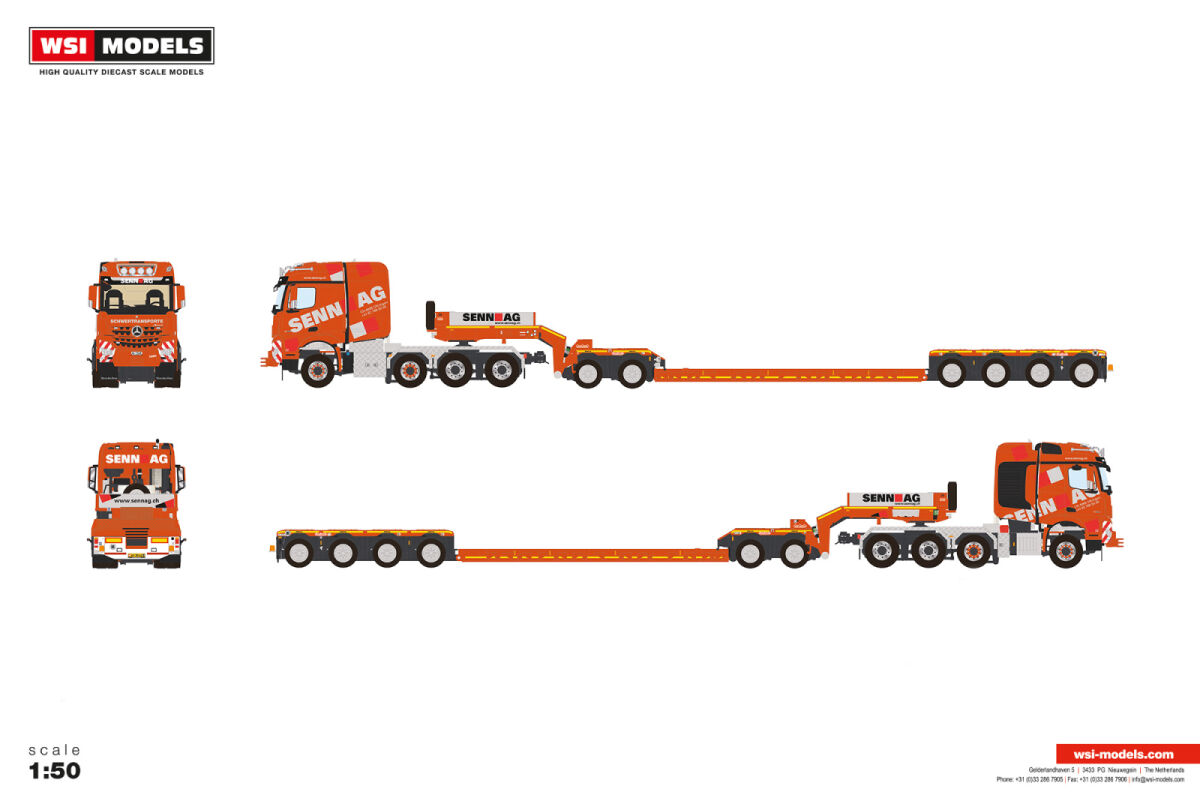 01-5430 -WSI - Mercedes Benz Arocs  MP4 2.300MM Stream Space 8X6 Tieflader mit Dolly 2-achs - 4-achs " Senn AG" CH