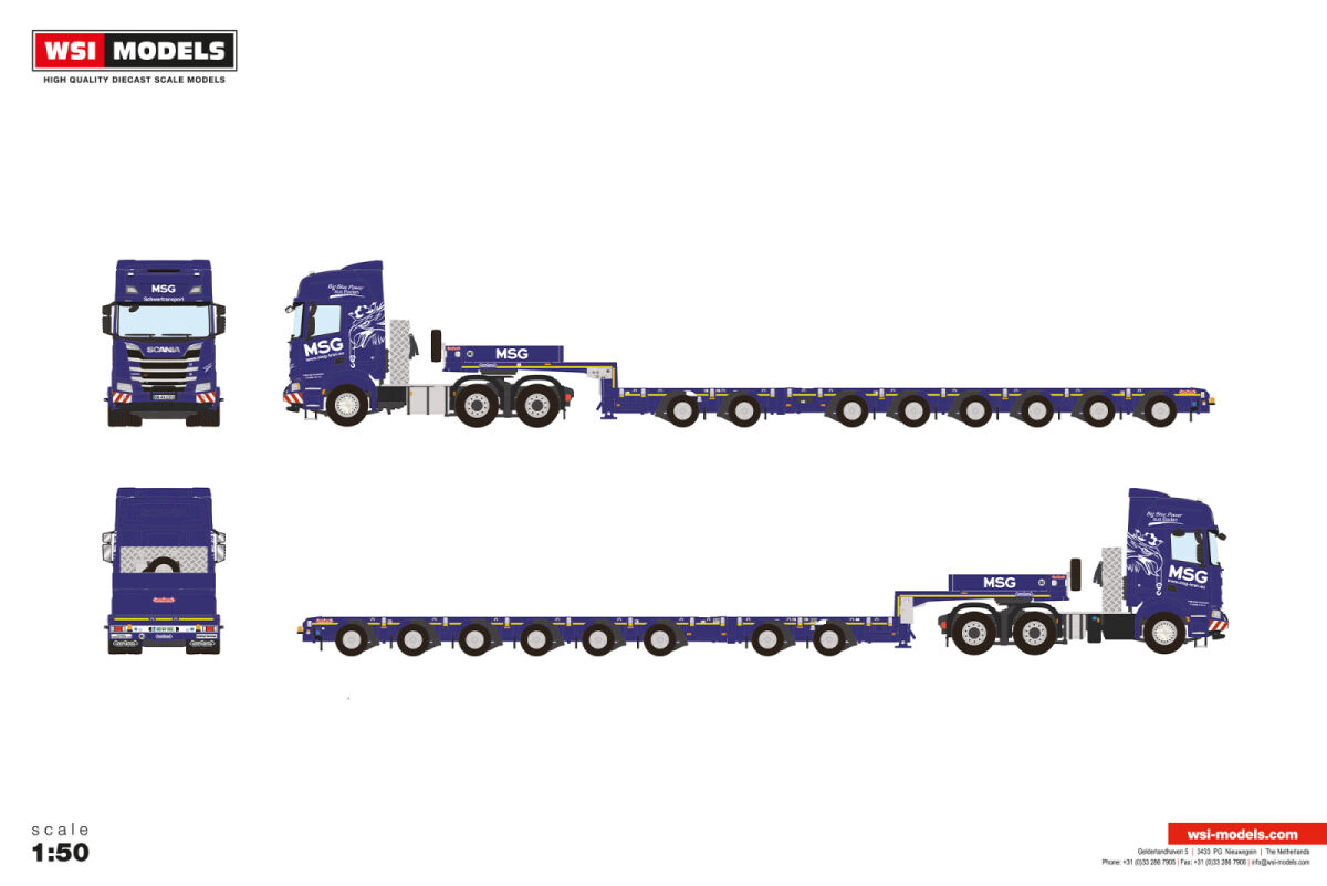 01-4122 -WSI - Scania R Highline CR20H Manoovr mit 2achs Dolly und 6achs Tieflader "MSG"