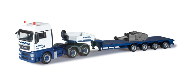 303538 - Herpa - MAN TGX XLX Euro 5 Semitieflade-Sattelzug mit Hakenflaschen für Liebherr LR 1600/2 "Wasel Krane"