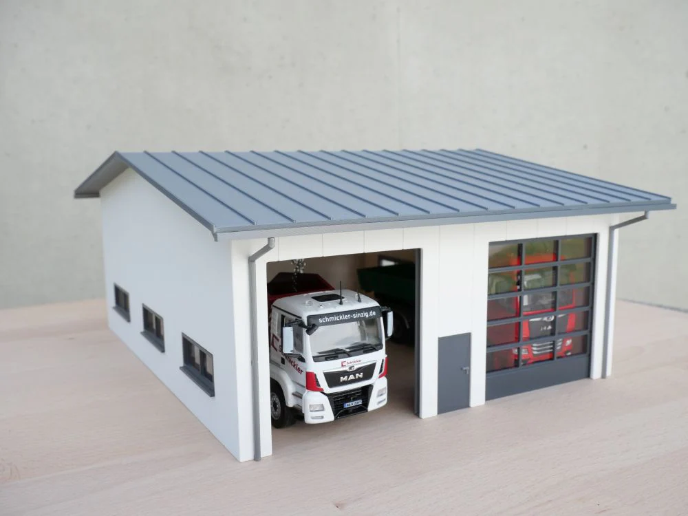 150254 -3D Druckfaktory - Fahrzeughalle 2-ständig / 2 Tore - Maßstab 1:50 - Satteldach