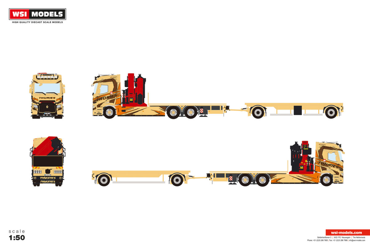 01-5462 - WSI - Renault T Evo Flachbettanhängerzug mit Ladekran - Thuries - FR