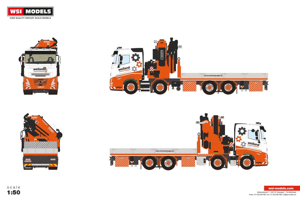 01-5380 - WSI - Volvo FH Aero 8x2 Flachbett mit Fassi Ladekran - Weiland - DE