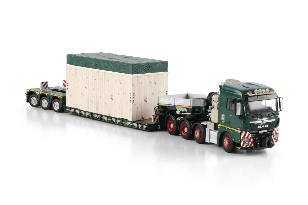 01-5250 - WSI - MAN TGX XLX Euro6c 8x4 mit 3achs Tieflader und Holzkiste - August Alborn -D-