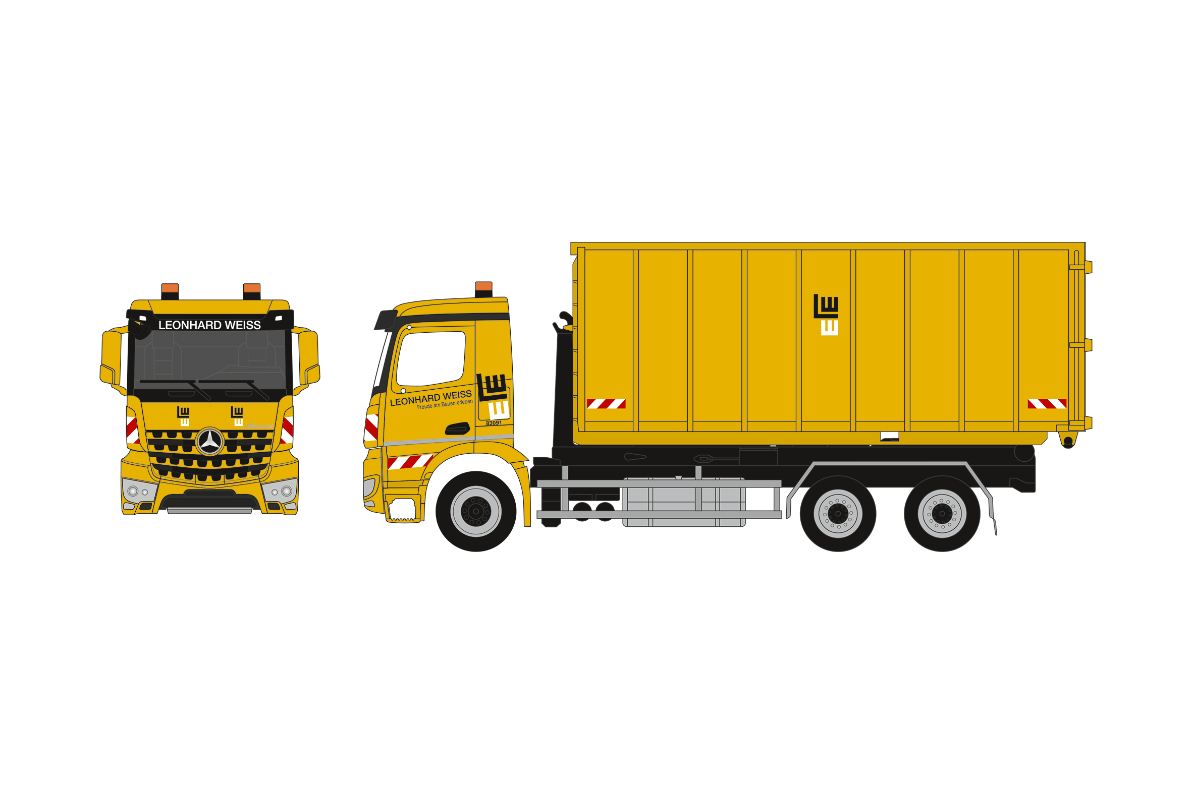 962414 - Herpa - Mercedes-Benz Arocs M Wechsellader-LKW mit Mulde "Leonhard Weiss"