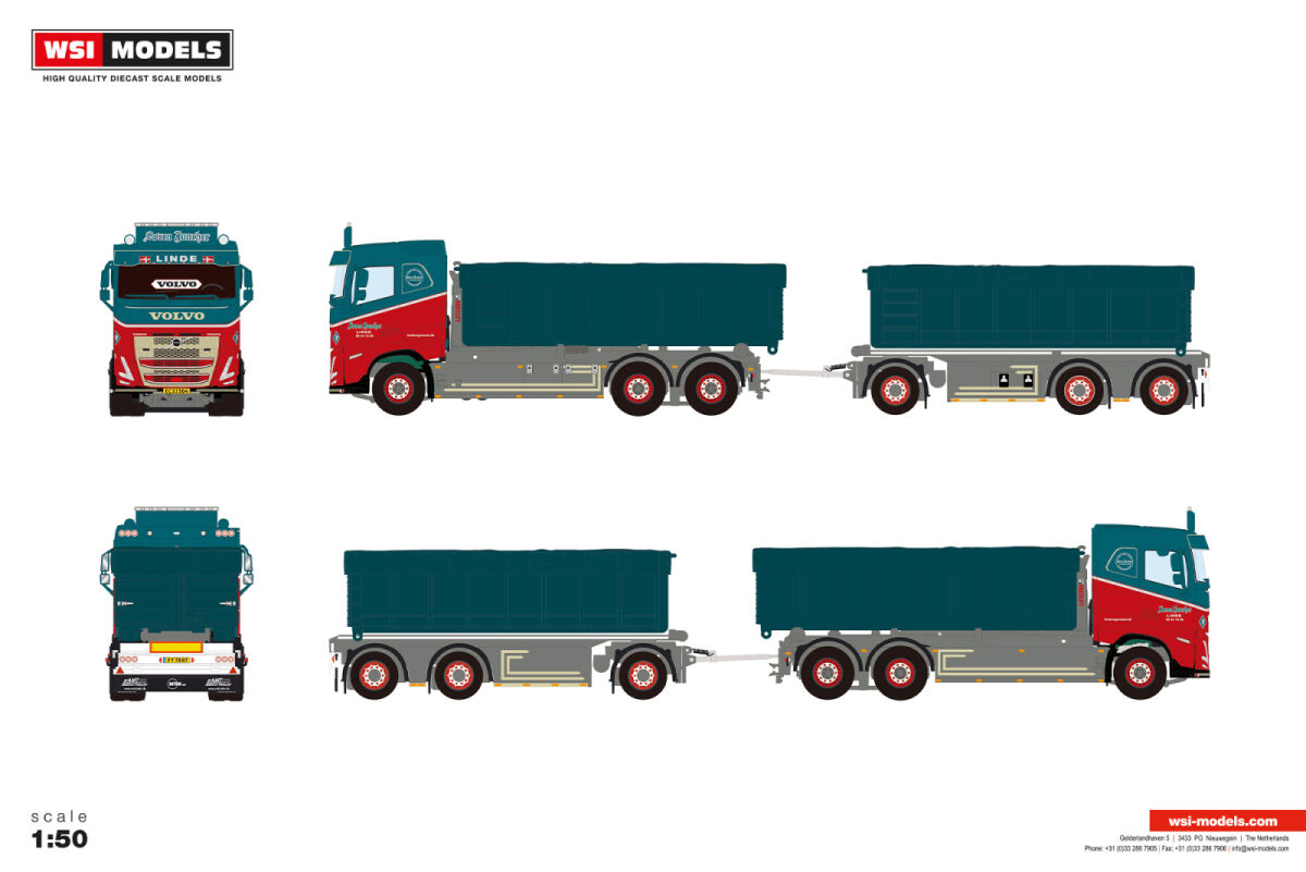 01-5298 - WSI - Volvo  FH5 MY2024 Schlafkabine Starre zugmaschineE mit Hakenkliftsystem – 6 achs + 2 X 15 M³ Container + Abdeckung -Soren junker CH