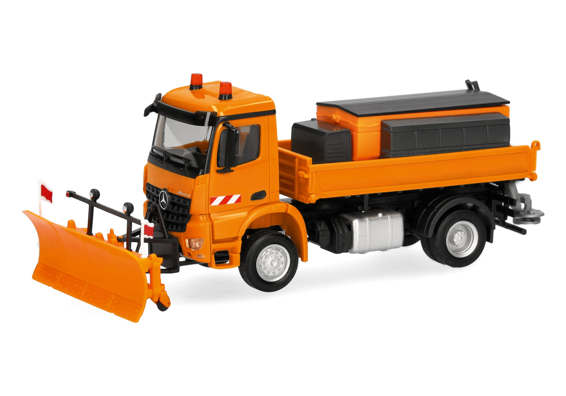 321853 -Herpa - Mercedes-Benz Arocs S 18 Dreiseitenkipper-LKW 2achs mit Streuaufbau, kommunalorange